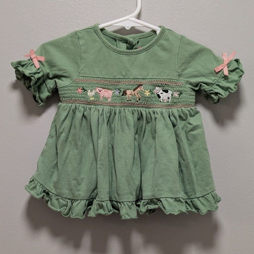 Good Lad Green Smocked Farm Animal Short Ruffle Sleeve Shirt Top Cotton 9 Months